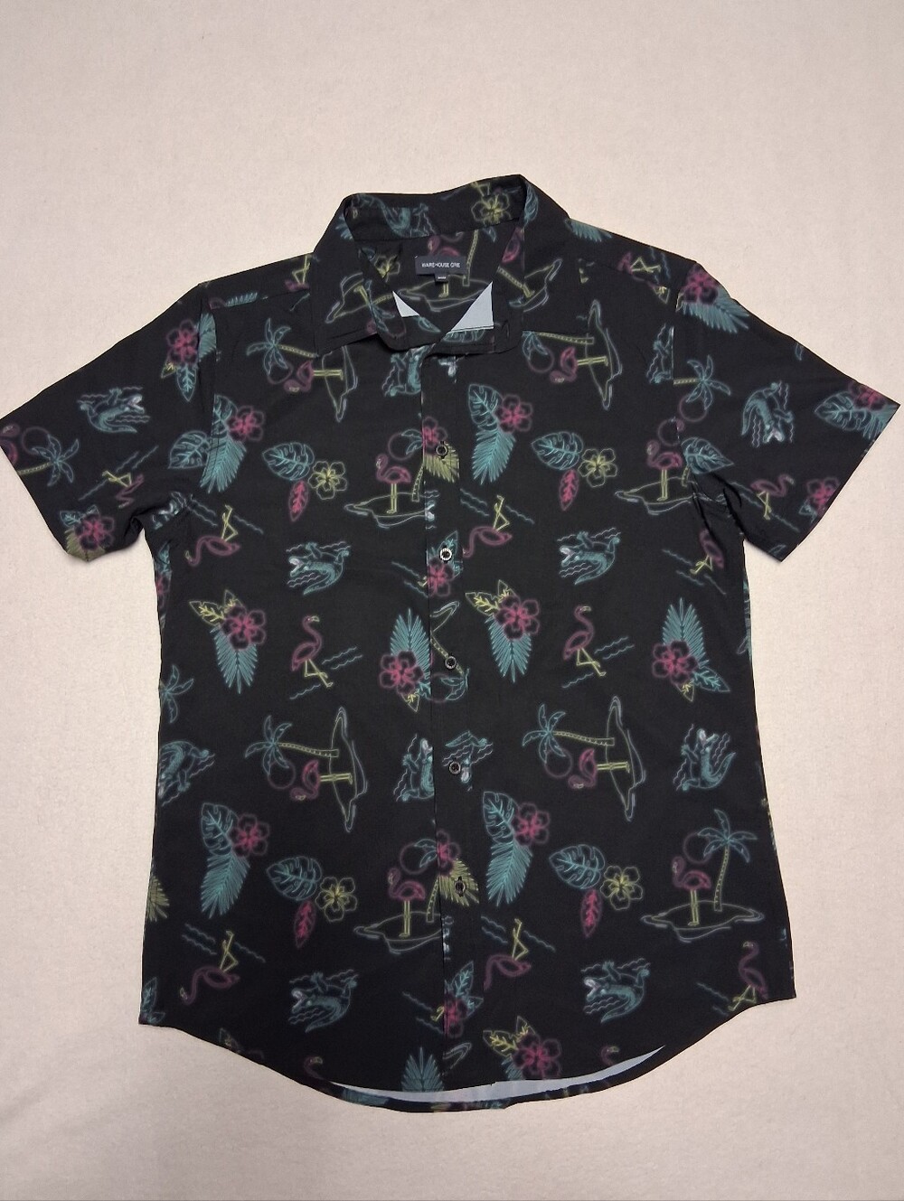 Men's Black Tropical Print Short-Sleeve Button-Down Shirt